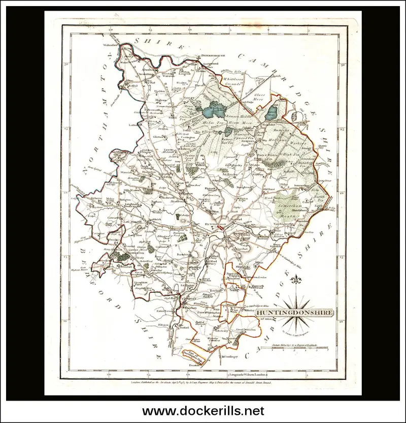 Huntingdonshire Map By J. Carey – 1787 Early British County Engraving 1
