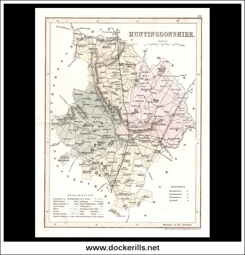 Huntingdonshire Map, England – 1846 Steel Engraving Historic Antique Print 1