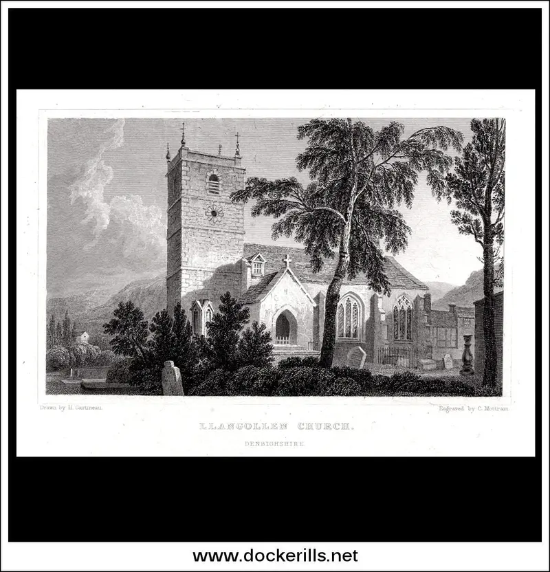 Llangollen Parish Church – Antique Steel Engraving, Denbighshire, Early 19Th Century 1