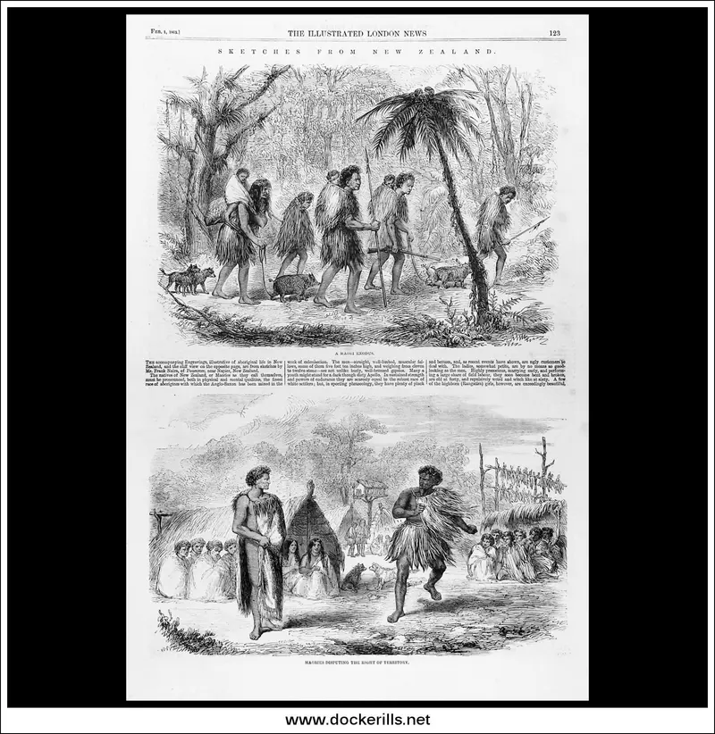Maori Exodus Sketch – 1862 Illustrated London News Wood Engraving (Feb 1) 1