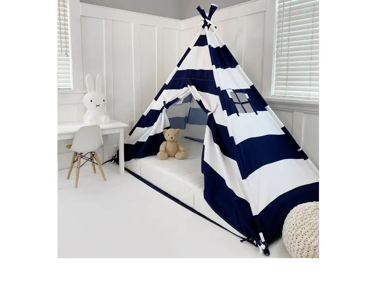 Navy & White Stripe Canopy Play Tent – Full-Enclosure Bed Tent With Doors 1