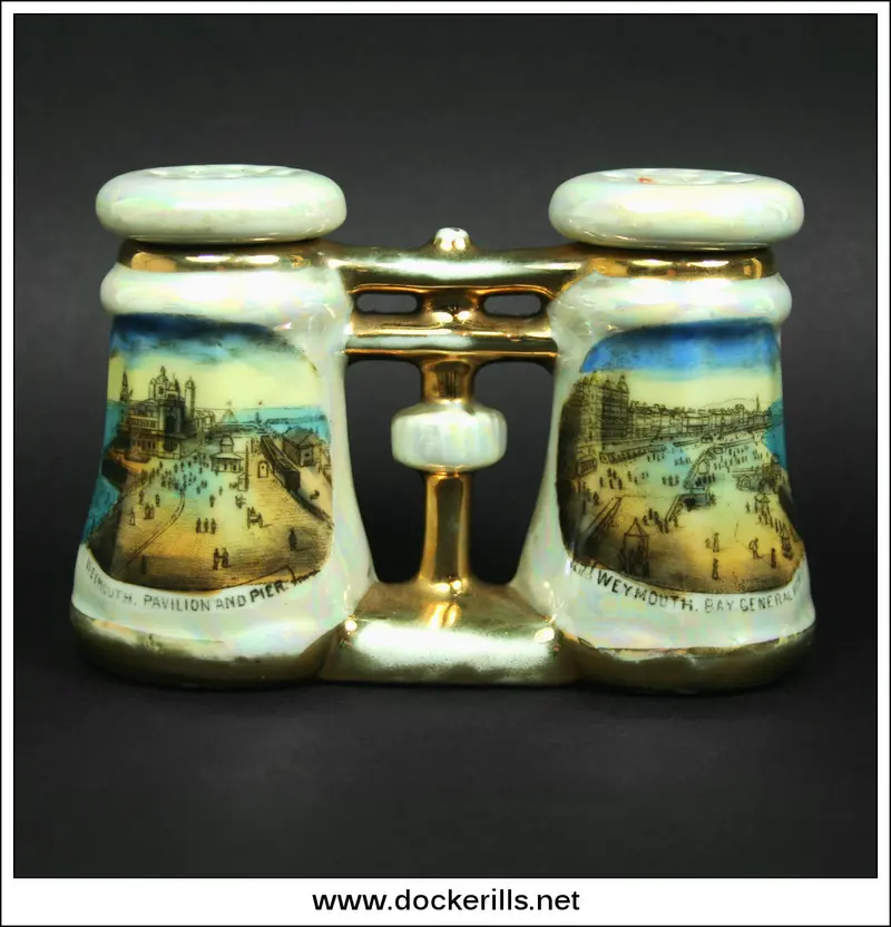 Opera-Glass-Shaped Antique Cruet Set – Salt & Pepper Shakers Featuring Weymouth Seaside Imagery 1