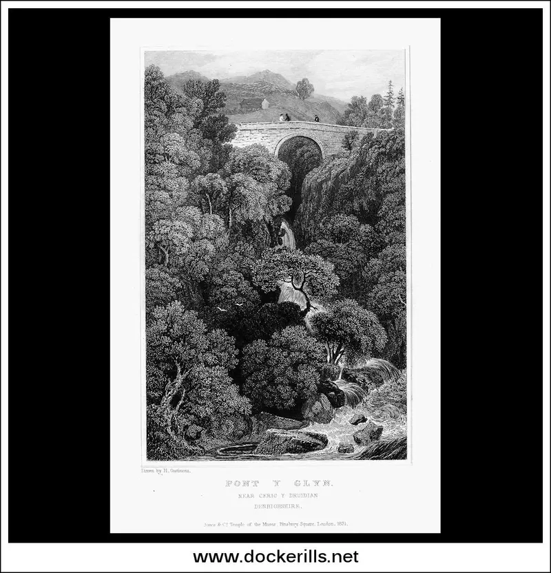 Pont Y Glyn Bridge Near Cerig-Y-Druidion, Denbighshire – Antique Landscape Engraving 1