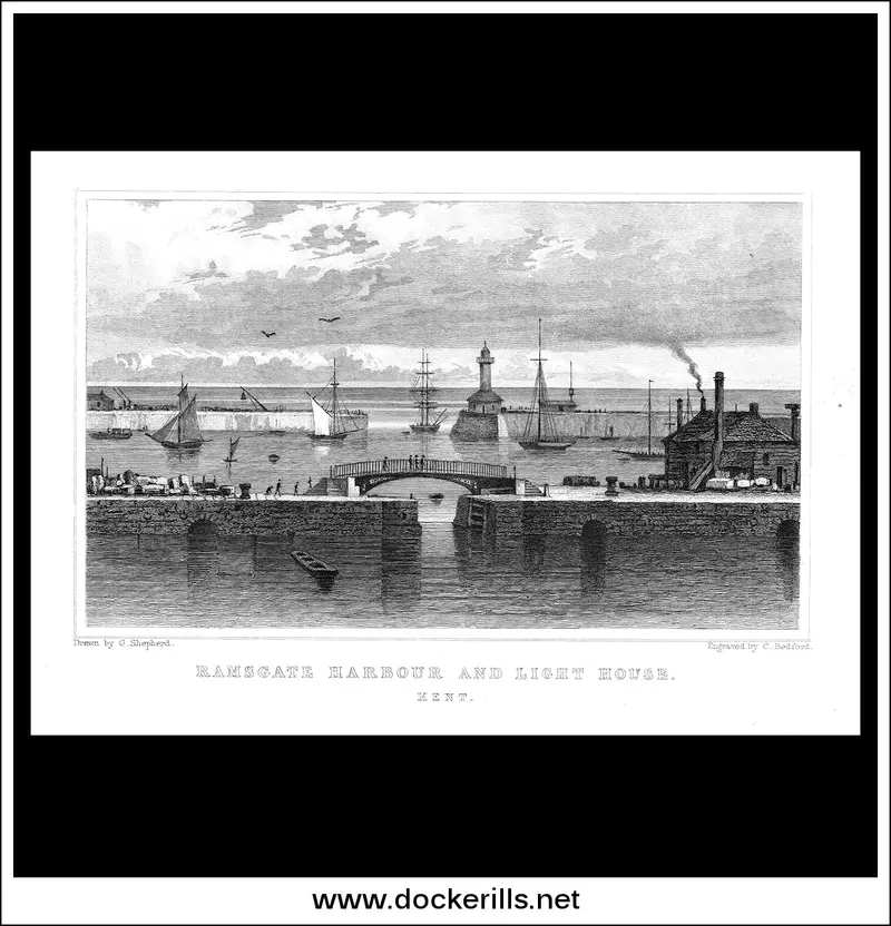 Ramsgate Harbour And Lighthouse – 1830 Coastal Steel Engraving 1