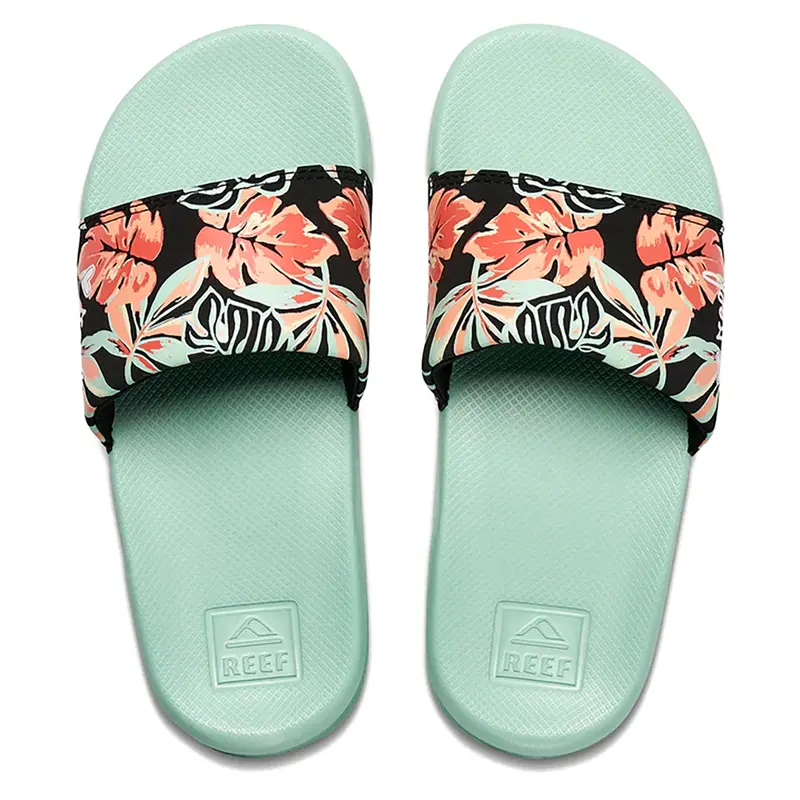 Reef Kids’ One Slide Flip-Flop – Mint Monstera Print 1