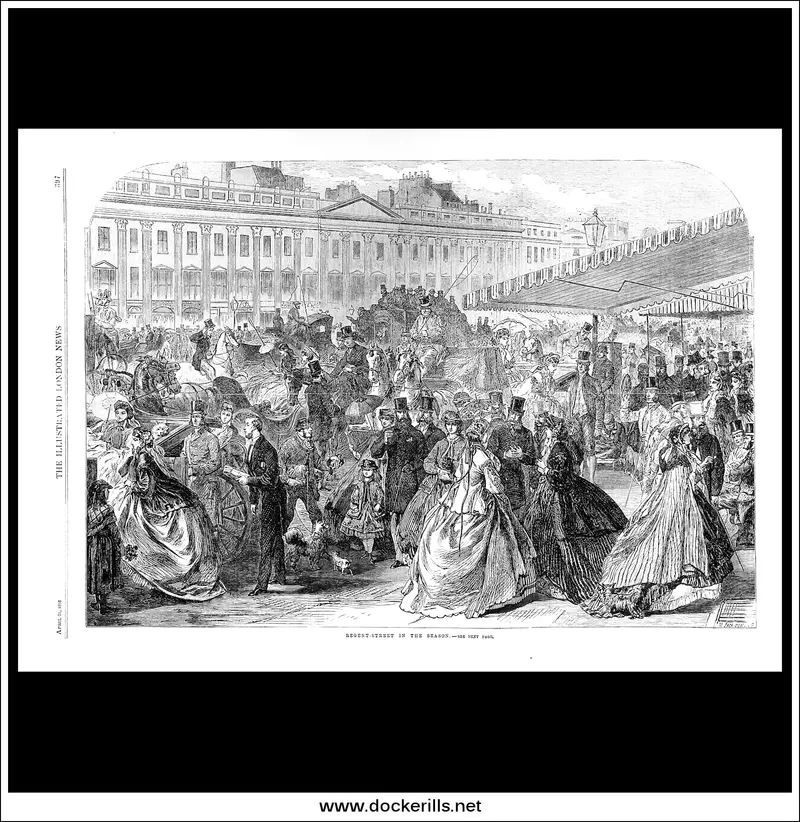 Regent Street In Season, 1866 – Period Wood Engraving From The Illustrated London News 1