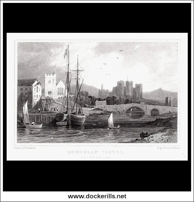 Rhuddlan Castle, Flintshire – Historic Steel Engraving Of Edwardian Fortification, C. 1830 1