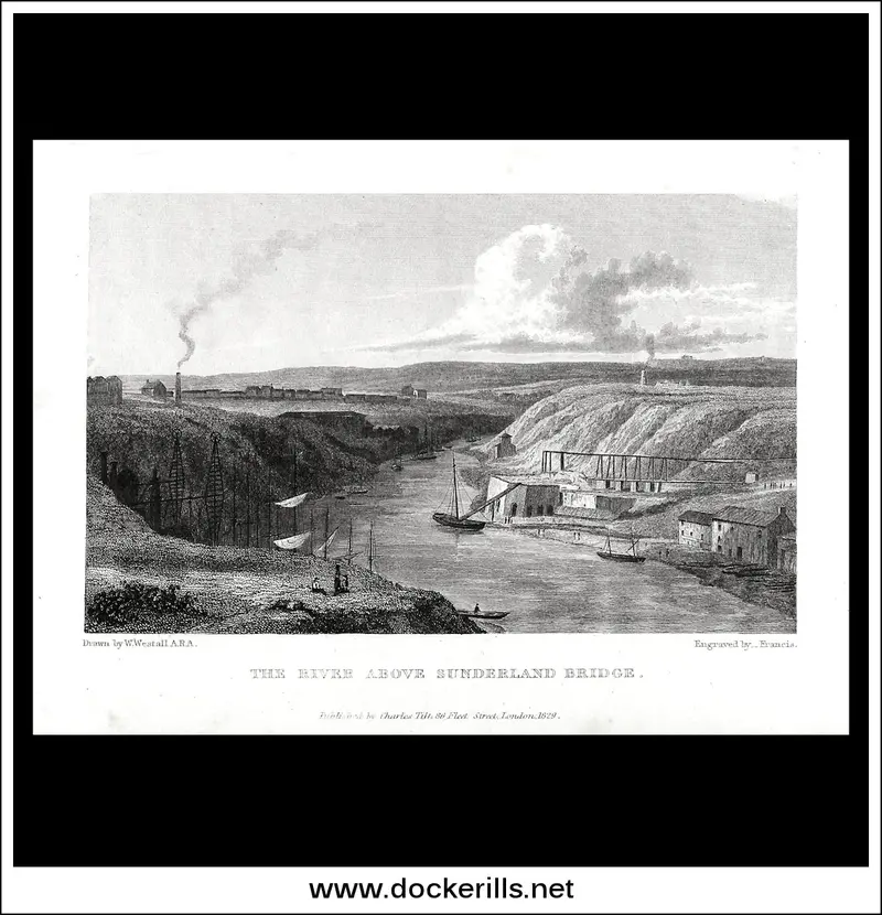 River Scene Above Sunderland Bridge, County Durham – 1829 Steel Engraving 1