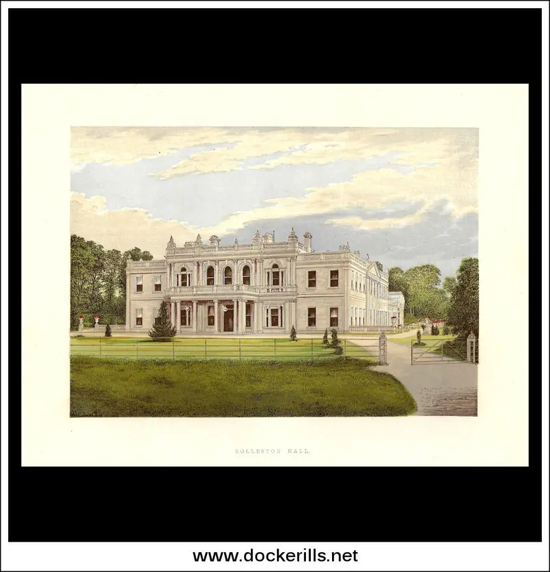 Rolleston Hall Country House Print – 1880 Chromoxylograph, Staffordshire 1