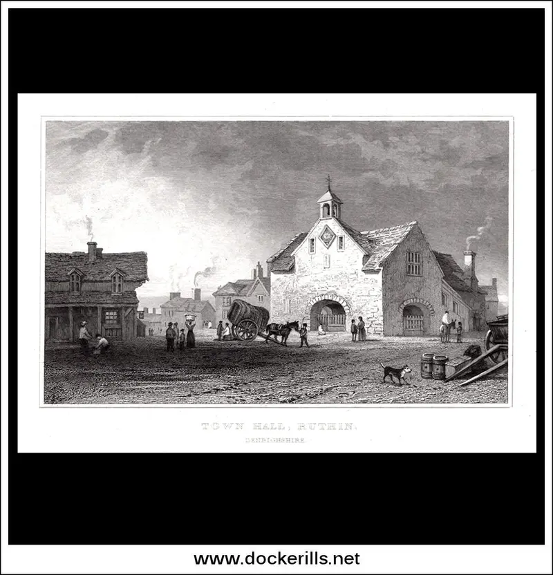 Ruthin Town Hall, Denbighshire – Vintage Steel Engraving Of Medieval-Inspired Civic Building 1