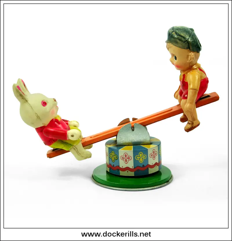 See-Saw Rabbit And Boy Tin Toy – Wind-Up Clockwork Novelty By Fuji Press Kogyo, Japan 1