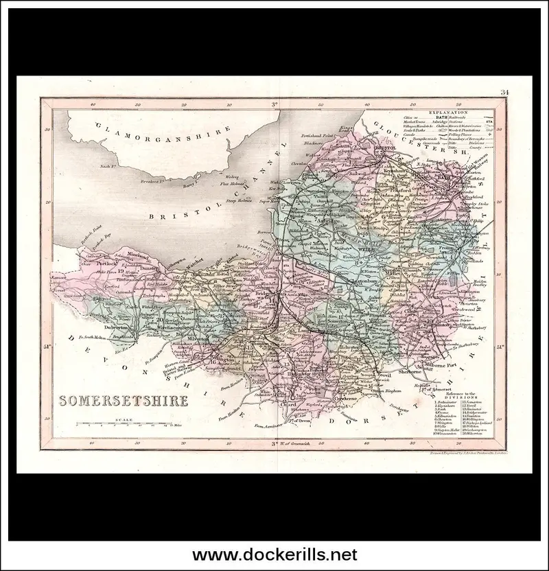Somerset Map, England – 1846 Steel Engraving Antique County Print 1