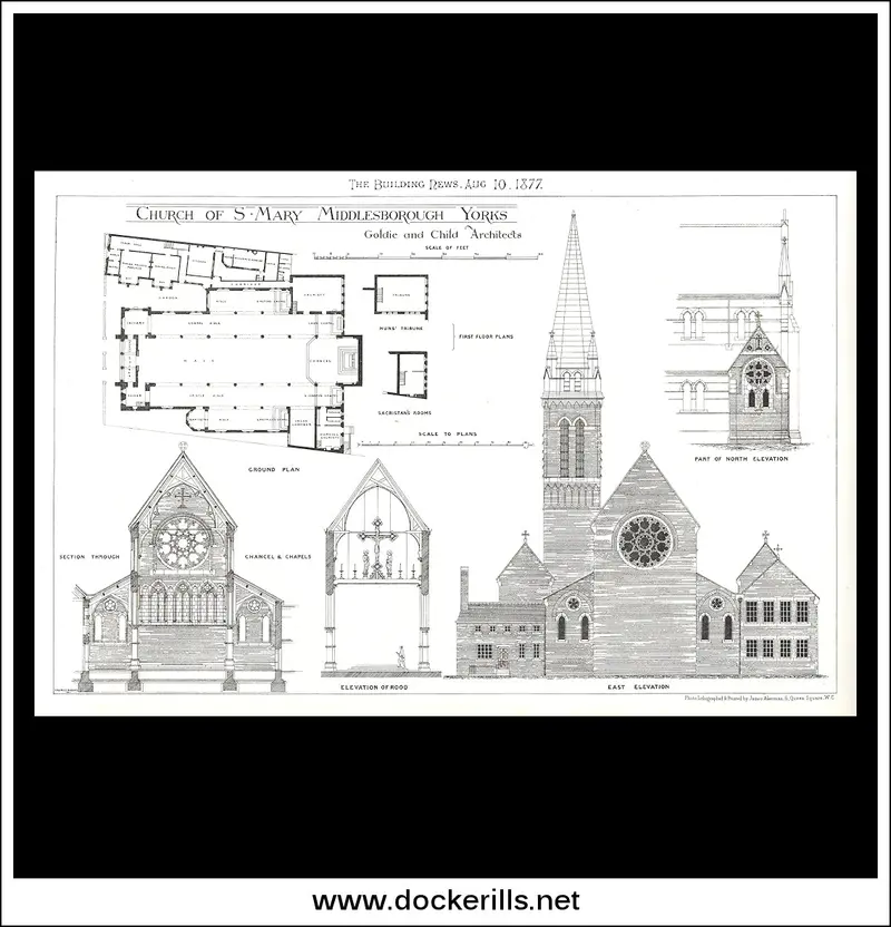 St Mary’S Church, Middlesbrough Yorkshire Architectural Lithograph 1877 1