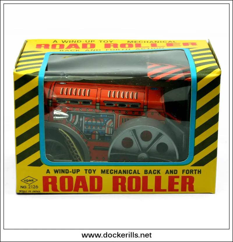 Vintage Yoneya Tin Plate Road Roller No. 2126 — Clockwork Wind-Up Toy From Japan 1