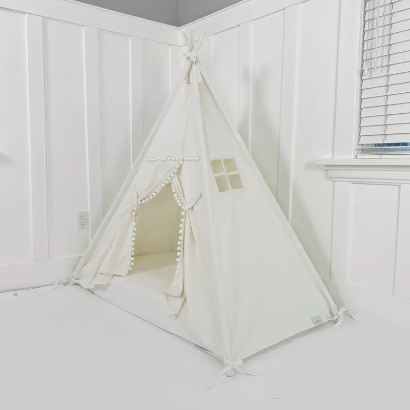 White Cotton Canopy Play Tent – Pom-Pom Trimmed Bed Tent For Kids 1