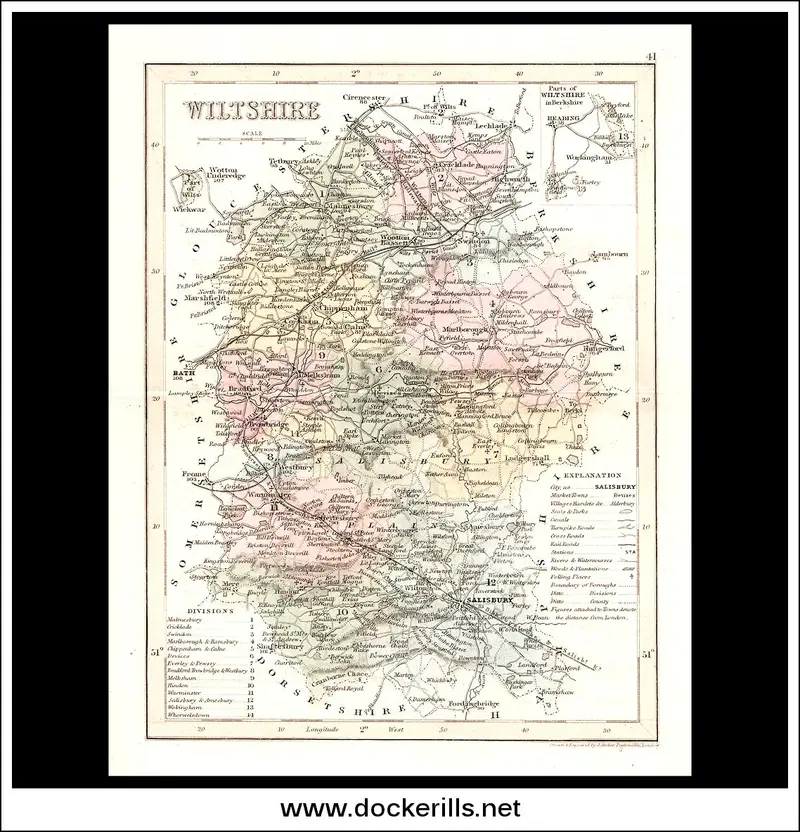 Wiltshire County Map, England – 1846 Steel Engraving Rare Antique Print 1