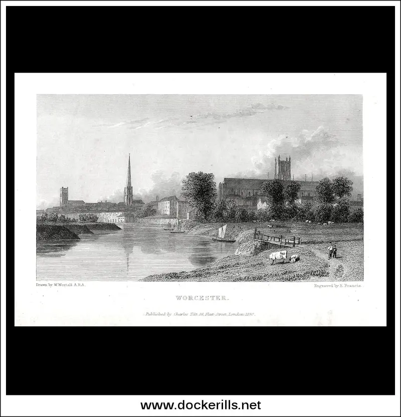 Worcester Cityscape – 1830 Steel Engraved View Of Worcestershire Cathedral Town 1