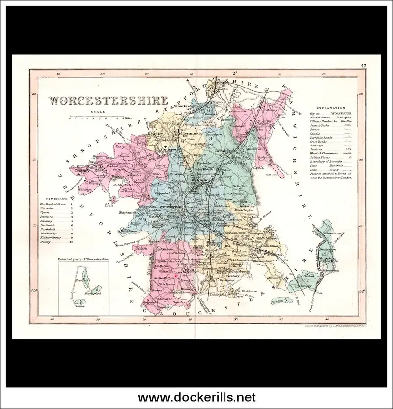 Worcestershire Map, England – Vintage 1846 Steel Engraved Antique Print 1