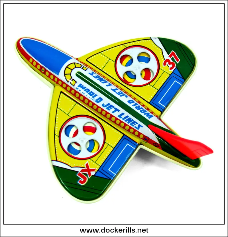 World Jet Airlines Tin Toy Plane – Jx-37 (Yellow/Blue), Saito Japan, Vintage 1