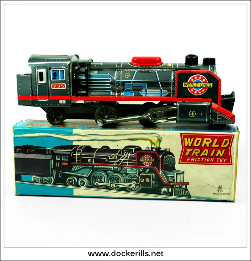 World Train Floor Toy – Vintage Usagiya Japanese Tinplate Wind-Up Engine Set 1