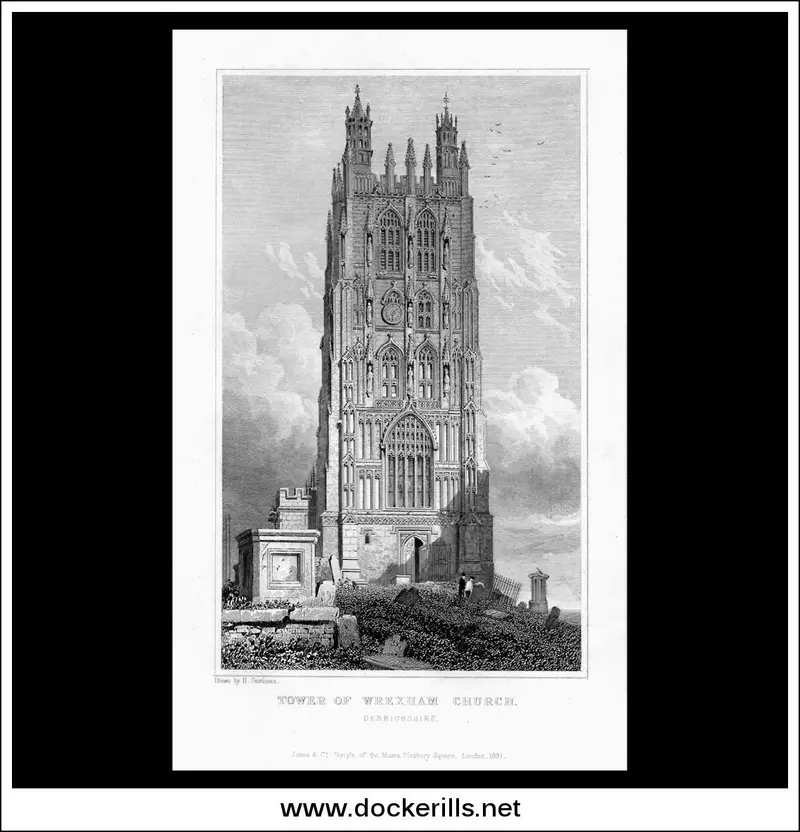 Wrexham Parish Church Tower, Denbighshire – Vintage Steel Engraving, C. 1830 1